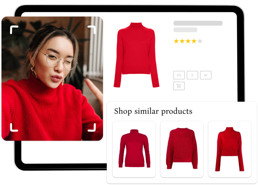 Visual search recommends similar fashion apparel based purely on cuts, shapes, textures, materials, colours, prints, or patterns.