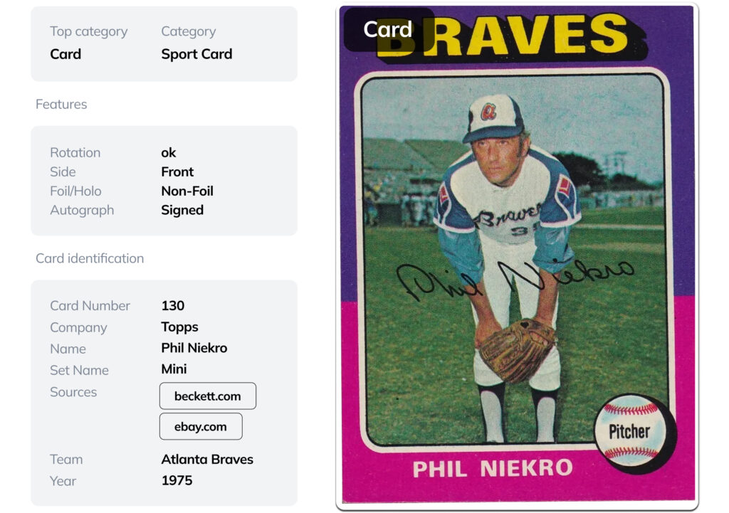 Ximilar AI analyses the sports cards and provides detailed information about them, including links to marketplaces.