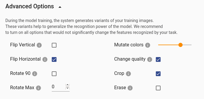 Image augmentation settings in Ximilar App platform for recognition model.